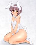  animal_ears bare_legs bare_shoulders between_thighs blush breasts bunny_ears bunny_tail bunnysuit cleavage detached_collar fake_animal_ears glasses hairband high_heels looking_at_viewer nagato_yuki plump purple_hair rabbit_ears shoes short_hair sitting solo suzumiya_haruhi_no_yuuutsu tail thick_thighs thighs wrist_cuffs yellow_eyes yukirin_(nagatoyuki_ibukifuko) 