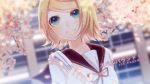  aqua_eyes blonde_hair cherry_blossoms close-up kagamine_rin school_uniform serafuku short_hair smile solo soriku vocaloid 