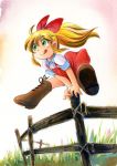  :q blonde_hair boots bow child dress fence grass green_eyes hair_bow hoshino_fuuta jumping lemmy_(makiba_no_shoujo_lemmy) makiba_no_shoujo_lemmy original ponytail smile solo tongue 
