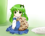  aenobas cookie detached_sleeves food green_eyes green_hair hammer_(sunset_beach) kochiya_sanae long_hair minigirl smile touhou 