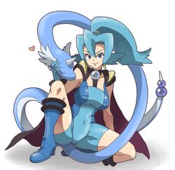  1girl bare_shoulders blue_eyes blue_hair boots breasts cape dragonair earrings gloves high_heels hukuisan ibuki_(pokemon) jewelry long_hair pokemon pokemon_(creature) ponytail shoes skin_tight white_background 