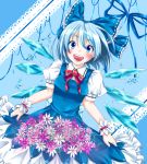  blue_eyes blue_hair blush bow brooch cirno dress flower hair_bow ice ice_wings jewelry open_mouth puffy_sleeves reduction short_hair short_sleeves skirt_basket smile solo touhou wings wrist_cuffs wrist_ribbon 