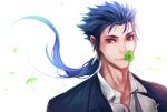  blue_hair clover earrings fate/stay_night fate_(series) formal four-leaf_clover jewelry kawells lancer long_hair mouth_hold ponytail red_eyes solo suit wind 
