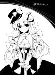  ai_takurou alternate_costume bow breasts crescent dress hair_bow hat hat_ribbon long_hair mini_top_hat monochrome patchouli_knowledge ribbon solo star top_hat touhou translation_request white_background 