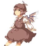  animal_ears arm_strap brown_dress dress hat ichi_kumo long_sleeves mystia_lorelei outstretched_arms petticoat pink_hair puffy_long_sleeves puffy_sleeves short_hair solo spread_arms touhou white_background wings 