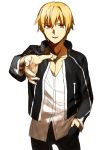  blonde_hair casual doraiga-rei fate/stay_night fate_(series) gilgamesh looking_at_viewer outstretched_hand pov pov_eye_contact red_eyes simple_background solo white_background 