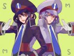  2boys coat genderswap gloves hat heterochromia kudari_(pokemon) necktie nishihara_isao nobori_(pokemon) pokemon purple_eyes purple_hair teron violet_eyes yellow_eyes 