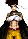  big_hair brown_hair cape crossed_arms fatal_fury food_fighter_441 grin headband highres japanese_flag joe_higashi king_of_fighters muscle pectorals ryuuko_no_ken shirtless shorts smile solo spiked_hair spiky_hair tiger_print 
