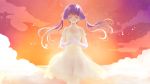  ahoge alternate_costume bare_shoulders closed_eyes cloud clouds dress elbow_gloves eyes_closed floating_hair flower gloves hair_flower hair_ornament hands_clasped long_hair low_twintails purple_hair sky smile solo sun sundress sunset tenryuukou twilight twintails vocaloid voiceroid white_dress yuzuki_yukari 