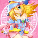  bare_shoulders blonde_hair blush blush_stickers boots breasts choker cleavage dark_magician_girl detached_sleeves duel_monster green_eyes hat hexagram magic_circle minmin-zemi_(lover_paradox) pentacle pink_background smile solo staff wand wink wizard_hat yu-gi-oh! yuu-gi-ou yuu-gi-ou_duel_monsters 
