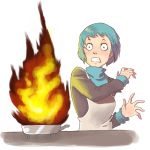  apron aqua_hair clenched_teeth cooking failure fire frying_pan luisa_rafidi persona persona_3 short_hair simple_background solo surprised white_background yamagishi_fuuka 