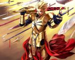  armor blonde_hair doraiga-rei ea_(fate/stay_night) earrings fate/stay_night fate_(series) gate_of_babylon gilgamesh hair_up jewelry polearm red_eyes solo spear sword weapon 