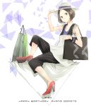  bag brown_eyes brown_hair hands hat high_heels highres nocchi_(perfume) perfume shoes solo yoshito 