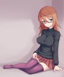  breasts brown_hair copyright_request coupe50 glasses green_eyes large_breasts long_hair ribbed_sweater semi-rimless_glasses solo sweater thigh-highs thighhighs turtleneck under-rim_glasses zettai_ryouiki 