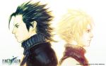  back-to-back black_hair blonde_hair blue_eyes cloud_strife final_fantasy final_fantasy_vii logo multiple_boys onose1213 sleeveless sleeveless_turtleneck title_drop turtleneck zack_fair 