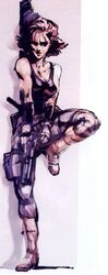  against_wall bare_shoulders boots breasts cleavage desert_eagle fingerless_gloves gloves gun handgun highres meryl_silverburgh metal_gear metal_gear_solid muscle official_art red_hair redhead shinkawa_youji short_hair solo standing_on_one_leg tank_top weapon 