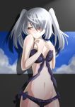  :/ bikini blush eyepatch grey_hair highres infinite_stratos laura_bodewig midriff red_eyes s040784 solo swimsuit twintails 