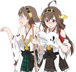  2girls ahoge bamboo_broom blush book broom brown_hair detached_sleeves hairband headgear hiei_(kantai_collection) japanese_clothes kantai_collection kongou_(kantai_collection) long_hair multiple_girls open_mouth short_hair simple_background skirt violet_eyes white_background youkan 