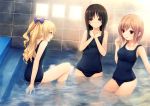  black_eyes black_hair black_school_swimsuit blonde_hair bow brown_eyes brown_hair coffee-kizoku cure_girl hair_bow highres hoshimiya_miyu kunimura_kotone long_hair multiple_girls nanjou_rena one-piece_swimsuit partially_submerged school_swimsuit short_hair stairs swimsuit tiles twintails 