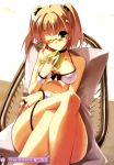  ;) absurdres artist_name bare_shoulders bikini blonde blush book breasts brown_hair chair choker cleavage copyright_request crossed_legs glasses green_eyes highres holding holding_book jewelry legs_crossed lounge_chair glasses mizugi pillow ring sakura_nitouhei scan short_hair sitting smile solo swimsuit twintails wink wrist_cuffs 