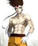  big_hair brown_hair fatal_fury fingerless_gloves food_fighter_441 gloves hands_on_hips headband highres japanese_flag joe_higashi king_of_fighters muscle pectorals ryuuko_no_ken shirtless shorts solo spiked_hair spiky_hair 