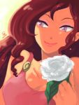  asylum brown_hair eyeshadow flower hercules_(disney) lavender_eyes light_smile looking_away makeup megara_(disney) rose white_rose 