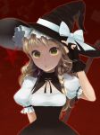  blonde_hair bow braid bust eyelashes fingerless_gloves gloves green_eyes hand_on_hat hat hat_bow kirisame_marisa lace lips looking_at_viewer oitan parted_lips puffy_short_sleeves puffy_sleeves red_background ribbon short_sleeves side_braid solo star touhou witch witch_hat 