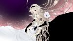  1girl 2girls black_dress black_vs_white blonde_hair braid covered_eyes dress dual_persona elbow_gloves flower gloves gown hair_flower hair_ornament hairband holding ia_(vocaloid) lace long_hair multiple_girls purple_eyes single_braid time_paradox twin_braids violet_eyes vocaloid white_dress 