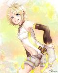 arm_warmers bad_id blonde_hair blue_eyes detached_sleeves hair_ornament hair_ribbon hairclip headphones hitone kagamine_rin kagamine_rin_(append) looking_at_viewer navel ribbon short_hair shorts smile solo vocaloid vocaloid_append 