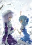  :d blue_eyes blue_hair bow cirno clenched_hand closed_eyes dress eyes_closed hair_bow hat lavender_hair letty_whiterock multiple_girls open_mouth pantyhose profile scarf short_hair sitting smile snowing touhou walzrj white_legwear 