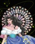  &gt;:) aqua_eyes bare_shoulders black_hair earrings esmeralda_(disney) gypsy hairband jewelry lipstick long_hair looking_at_viewer makeup puchikotei puffy_short_sleeves puffy_sleeves red_lipstick short_sleeves stained_glass the_hunchback_of_notre_dame 
