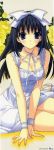 absurdres bare_shoulders black_hair blue_eyes bow breasts cleavage copyright_request dress flower hair_bow hair_ribbon highres huge_filesize long_hair long_image ribbon sitting stick_poster suzuhira_hiro tall_image wristband 