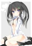  between_legs black_hair black_legwear blue_eyes blush breasts grey_background hair_ornament hand_between_legs highres kazu_kakao long_hair looking_at_viewer navel no_pants no_shoes open_clothes open_shirt original simple_background sitting solo thigh-highs thighhighs twintails wariza 