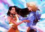  1girl athenacg couple dark_skin floating_hair hand_on_another&#039;s_face hand_on_another's_face helmet jewelry john_smith_(disney) lipstick long_hair makeup necklace petals pocahontas pocahontas_(disney) red_lipstick sleeves_rolled_up wind 