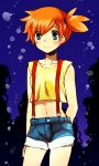  aqua_eyes bare_shoulders blue_background blush ichi_1123 kasumi_(pokemon) midriff misty_(pokemon) navel orange_hair pokemon pokemon_(anime) short_hair shorts side_ponytail smile solo suspenders 