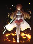  armor asuna_(sao) bare_shoulders black_background boots braid brown_hair embers fire frown highres long_hair pleated_skirt skirt solo sword sword_art_online thigh-highs thigh_boots thighhighs tokumaro weapon 