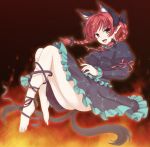  animal_ears bare_legs barefoot bow braid cat_ears cat_tail extra_ears gomi_(gomitin) hair_bow kaenbyou_rin multiple_tails pointy_ears red_eyes red_hair redhead smile solo tail touhou twin_braids twintails 
