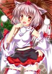  1girl animal_ears blush clothing detached_sleeves fangs female hair hat highres inubashiri_momiji long_sleeves looking_at_viewer midriff navel open_mouth oriental_umbrella red_eyes rika-tan_(artist) shirt short_hair silver_hair skirt smile solo tail thigh-highs thigh_highs thighhighs tokin_hat touhou tree umbrella white_legwear wide_sleeves wolf_ears wolf_tail wood zettai_ryouiki 