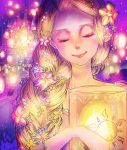  blonde_hair braid castle closed_eyes eyes_closed flower hair_flower hair_ornament holding lantern lips lipstick makeup purple rapunzel rapunzel_(disney) single_braid smile sun tangled yokotn 