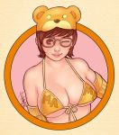  bikini_top breasts brown_hair bust cleavage dated glasses kusagami_style large_breasts original parted_lips short_hair signature solo wink 