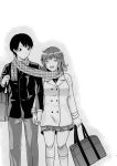  amagami bag couple hand_holding highres holding_hands jacket monochrome pleated_skirt sakurai_rihoko scarf school_uniform shared_scarf short_hair skirt smile tachibana_jun&#039;ichi tachibana_jun'ichi yuzuki_n_dash 