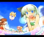  :d ^_^ animal_ears bikini blonde_hair blue_eyes blush brown_eyes brown_hair cat_ears chen closed_eyes eyes_closed fang flying food fox_ears fox_tail frilled_bikini frills fruit hairband hat hat_ribbon holding innertube jewelry kanoe_soushi konpaku_youmu multiple_girls one-piece_swimsuit open_mouth partially_submerged pink_hair ribbon saigyouji_yuyuko short_hair silver_hair single_earring smile swimsuit tail touhou water watermelon yakumo_ran yakumo_yukari 