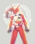  1girl bandana bandanna blaziken brown_hair gloves haruka_(pokemon) hug leg_lock mimizubare pokemon pokemon_(creature) pokemon_(game) pokemon_rse 