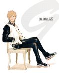  1boy blonde_hair blue_eyes casual chair final_fantasy final_fantasy_type-0 hands_in_pockets letterman_jacket nine_(fft-0) onose1213 scar shoes sitting sneakers solo 