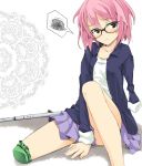  amputee angry blush character_request crutch glasses instrument ogami_kazuki original pink_hair short_hair sitting skirt solo spoken_squiggle squiggle 