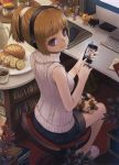  absurdres book bread brown_eyes brown_hair cat cellphone chair computer_keyboard cup flower food headphones highres holding iphone jar listening_to_music masakichi monitor original phone ponytail ribbed_sweater scan shorts sitting sleeveless sleeveless_turtleneck slippers smile solo sweater teacup turtleneck 