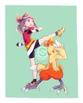  1girl bandana bandanna bike_shorts brown_hair combusken full_body gloves haruka_(pokemon) kicking mimizubare pokemon pokemon_(creature) pokemon_(game) pokemon_rse standing_on_one_leg 