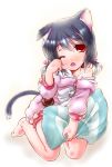  black_hair blush buttons cat_ears cat_tail dog_days highres kanon_(kurogane_knights) low_twintails noir_vinocacao off_shoulder open_mouth pajamas pillow red_eyes rubbing_eyes seiza short_hair sitting sleepy tail wink zipper 
