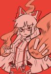  annoyed bow flame fujiwara_no_mokou hair_bow long_hair red red_background sixxxx solo suspenders touhou 