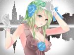  1hayu blue_rose breasts building cityscape cleavage flower gloves green_eyes green_hair gumi hair_flower hair_ornament reflection rose short_hair silhouette sleeveless solo vocaloid 